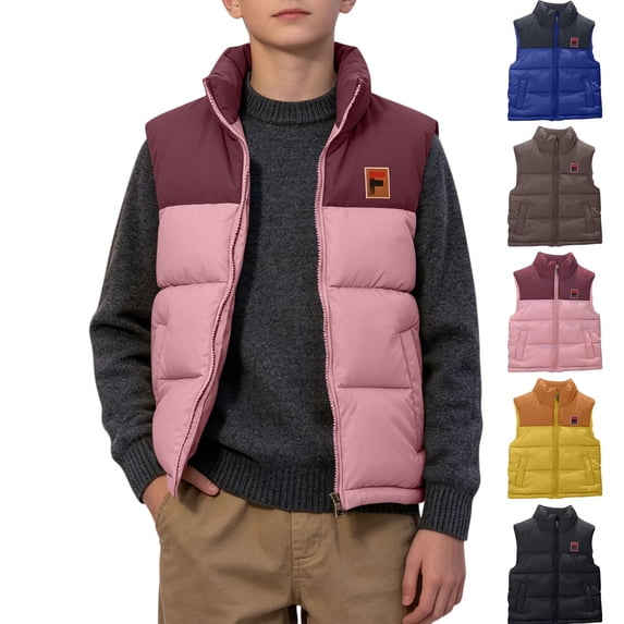 Jackets for Kids Dqueduo Kids Color Block Puffer Zip Up Stand Collar Sleeveless Warm Outerwear Gilet Vest Pink 3-4 Years