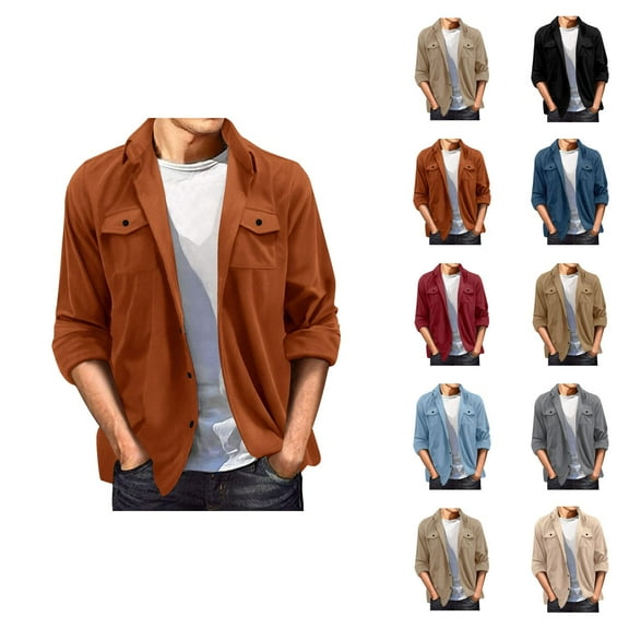 Jackets for Men 2025 Fall Winter Long Sleeve Button Down Collared Casual Loose Jacket with Pockets Outerwear Coat