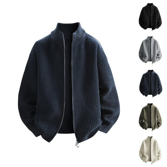 Jackets for Men 2025 Fall Winter Loose Casual Long Sleeve Stand Collar Zip Up Jacket Knit Cardigan Outerwear Coat