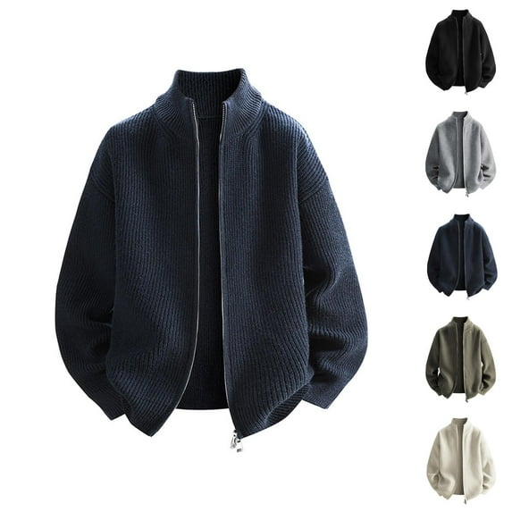 Jackets for Men 2025 Fall Winter Loose Casual Long Sleeve Stand Collar Zip Up Jacket Knit Cardigan Outerwear Coat