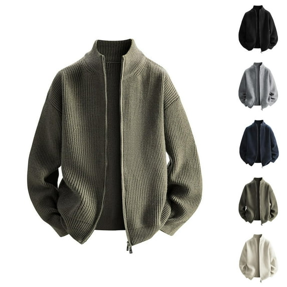 Jackets for Men 2025 Fall Winter Loose Casual Long Sleeve Stand Collar Zip Up Jacket Knit Cardigan Outerwear Coat