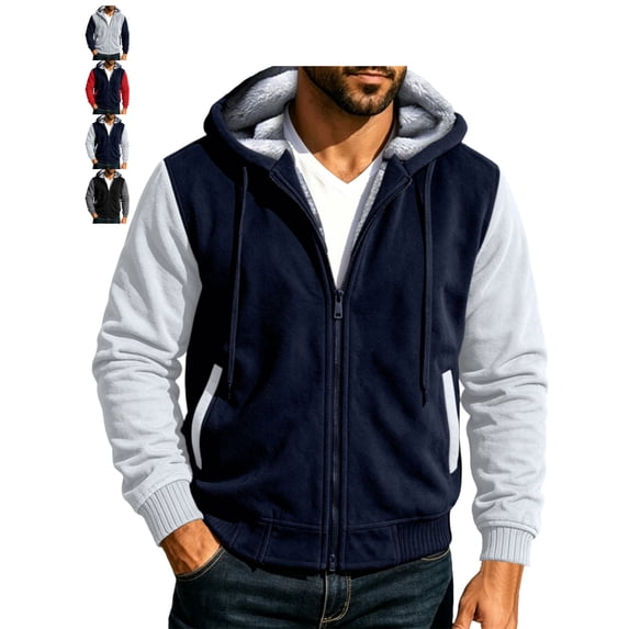 Jackets for Men Casual Fleece Hooded Zip Up Color Block Regular Fit Outdoor Jacket