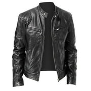 Jackets for Men Casual Lightweight Long Sleeve Leather Jacket Fall Winter Zip Up Coat with Pockets, Black, XL