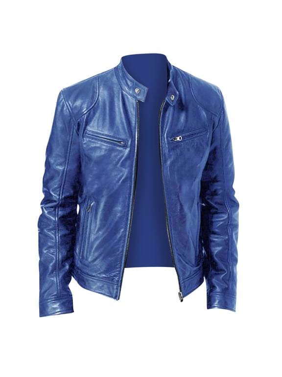 Jackets for Men Casual Lightweight Long Sleeve Leather Jacket Fall Winter Zip Up Coat with Pockets, Blue, M
