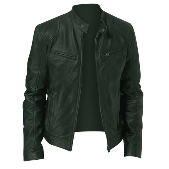 Jackets for Men Casual Lightweight Long Sleeve Leather Jacket Fall Winter Zip Up Coat with Pockets, Green, M