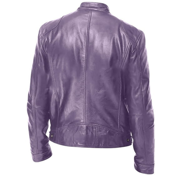 Jackets for Men Casual Lightweight Long Sleeve Leather Jacket Fall Winter Zip Up Coat with Pockets, Purple, M