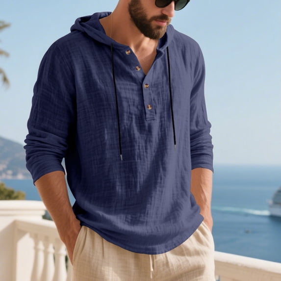 Jackets for Men Hooded Drawstring Half Button Beach Casual Long Sleeved Pullover Sweatshirt,Top for Men Navy