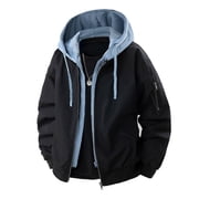 Jackets for Men Hooded Jackets Solid Color Splicing Fake Two-piece Long Sleeved Jacket Coats,Top for Men Black