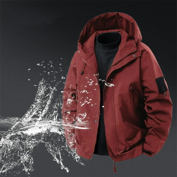 Jackets for Men Hooded Zipper Coats Pocket Windproof Waterproof Casual Solid Color Long-Sleeved Stormtrooper Jacket,Top for Men Wine