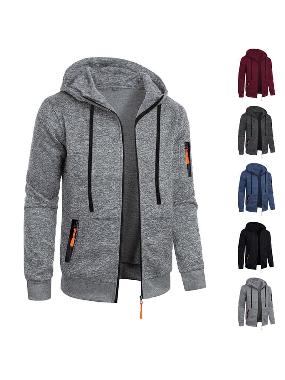 Jackets for Men Lightweight Men's Solid Color Long Sleeved Hooded Zipper Cardigan Sweater Jacket Gray L