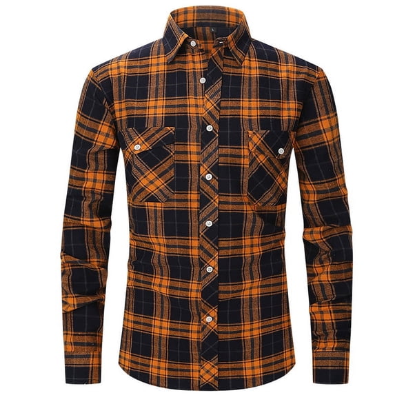 Jackets for Men,Long Sleeve Shirts for Men Plaid Flannel Loose Turndown Collar Buttons Shirt Jacket Orange S