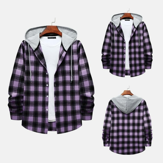 Jackets for Men,Long Sleeve Shirts for Men Plaid Hooded Solid Color Shirt Purple S