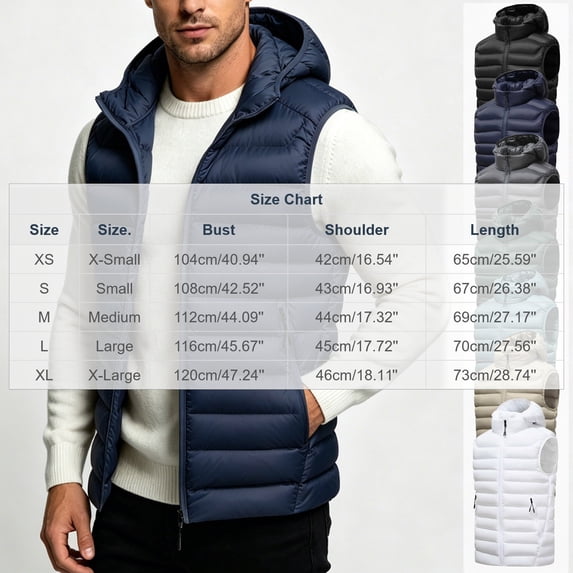 Jackets for Men, Men's Hooded Padded Vest, Full Zip Quilted Sleeveless Winter, Pockets Casual Travel Hiking Cold Weather Outerwear