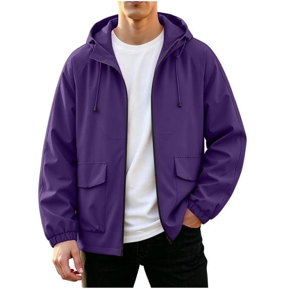 Jackets for Men, Men's Minimalist Solid Hooded Windproof Jacket, Elastic Cuff Lightweight Outer Coat for Daily Commute & Casual Street Looks