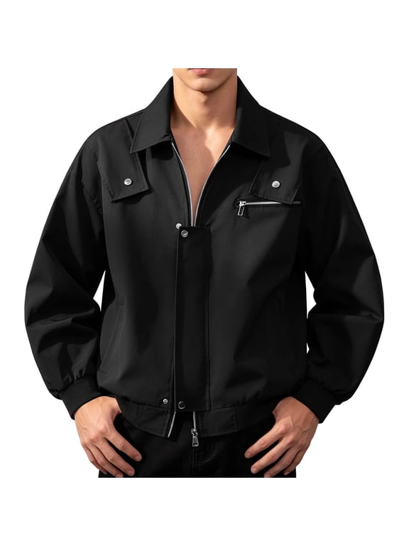 Jackets for Men, Men's Motorcycle Bomber Jacket, Lightweight Casual Streetwear Coat, Regular Fit, Zip and Button, Lined Pockets