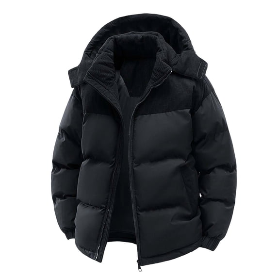Jackets for Men, Men's Winter Puffer Jacket Thickened Coat with Corduroy Hood Zip-Up Quilted Down outerwear