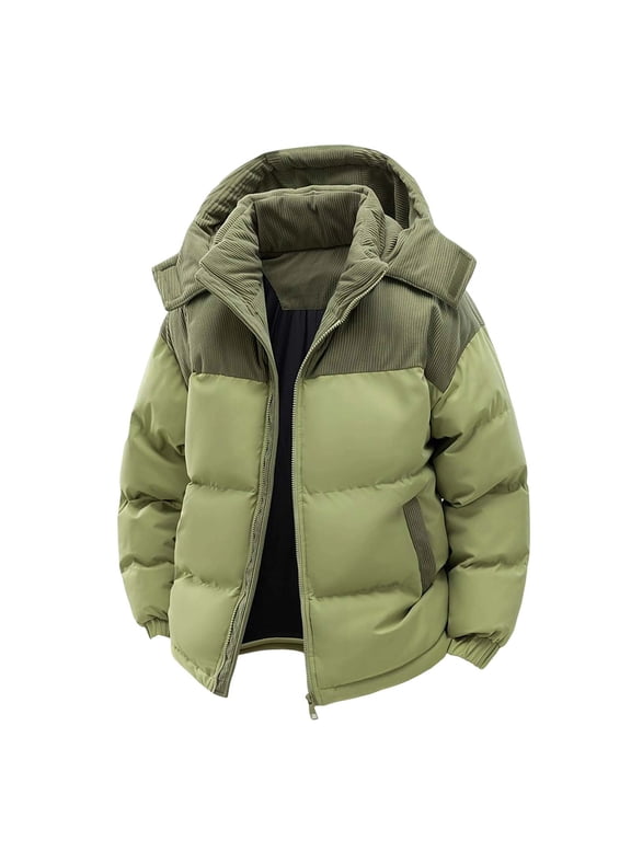 Jackets for Men, Men's Winter Puffer Jacket Thickened Coat with Corduroy Hood Zip-Up Quilted Down outerwear