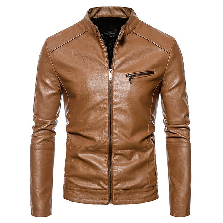 Jackets for Men Mens Casual Stand Collar Slim Fit Faux Leather Jacket Biker Motorcycle Jacket Winter Jackets for Men Color Khaki Size 3XL Walmart