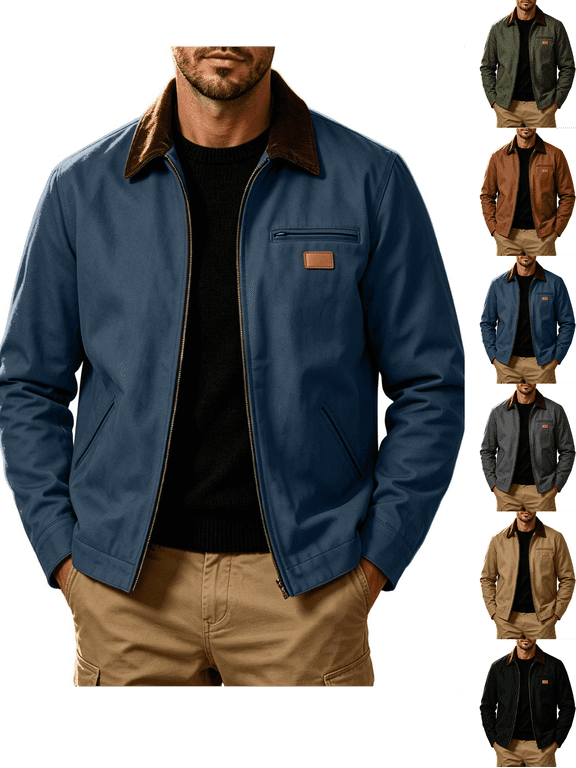 Jackets for Men Nelozsy Men's Fashionable Solid Color Patchwork Collar Long Sleeved Zipper Jacket Navy S