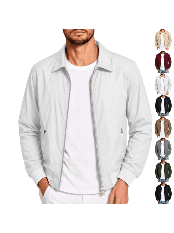 Jackets for Men Nelozsy Men's Solid Color Long-sleeved Jacket With Zip-up Top White S