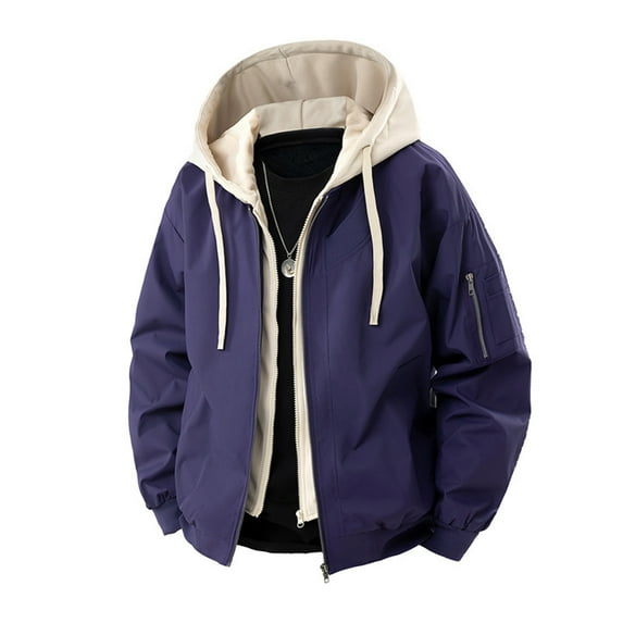 Jackets for Men Plus Size Hooded Jackets Solid Color Splicing Fake Two-piece Long Sleeved Jacket Coats,Coats for Men Purple