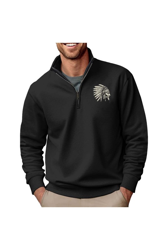 Jackets for Men Plus Size Hoodie Sweatshirts Half-Zip Printed Pullover Polo Sport Long Sleeve Stand-up Collar Blouse,Coats for Men Black
