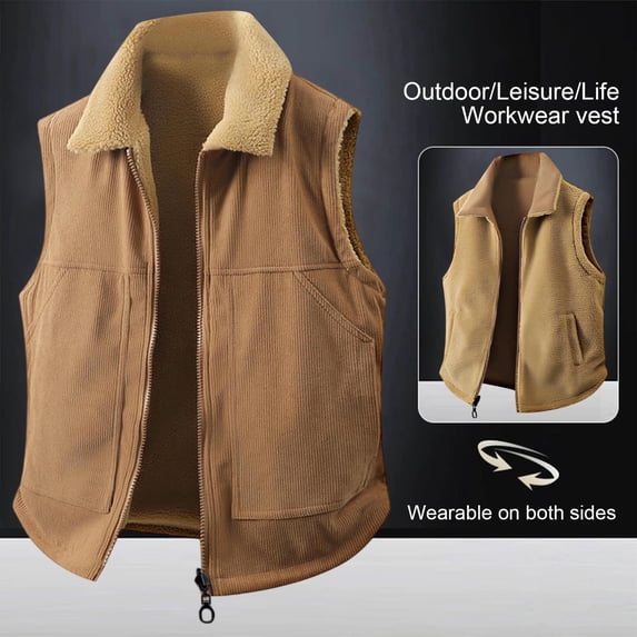 Jackets for Men Plus Size Sleeveless Jacket Double-sided Corduroy Solid Color Casual Tank Coats,Coats for Men Khaki