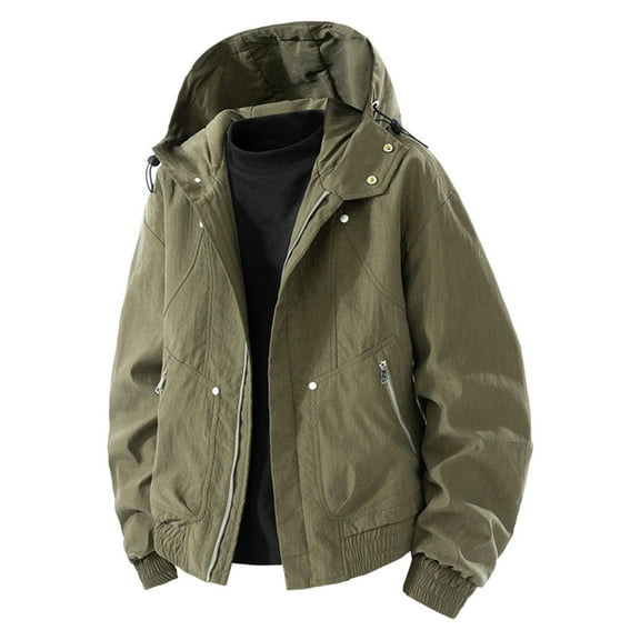 Jackets for Men Plus Size Zipper Hooded Coats Solid Color Long Sleeved Cardigan Workwear Jacket,Coats for Men Army Green