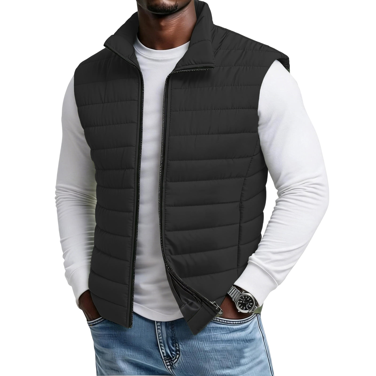 Jackets for Men Stand Collar Sleeveless Relaxed Fit Work Jacket Zip Up ...