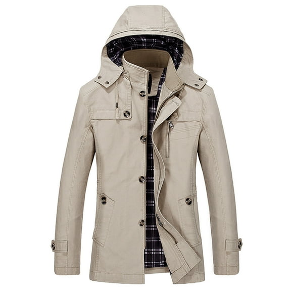 Jackets for Men Twill Cotton Cargo Trench Coat Hooded Winter Trucker Work Parka Coat Zip Up Mid-Length Coat Outerwear