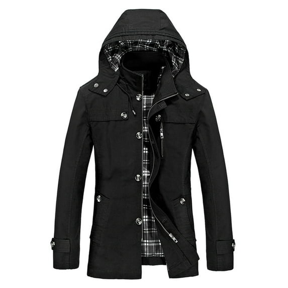Jackets for Men Twill Cotton Cargo Trench Coat Hooded Winter Trucker Work Parka Coat Zip Up Mid-Length Coat Outerwear