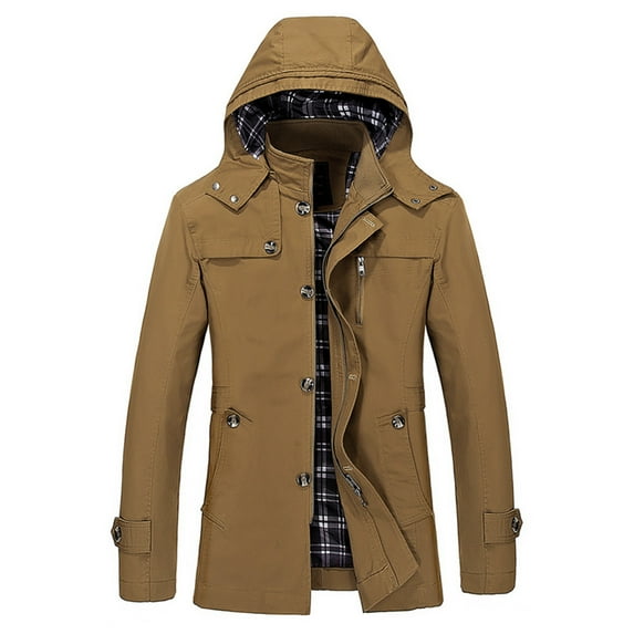 Jackets for Men Twill Cotton Cargo Trench Coat Hooded Winter Trucker Work Parka Coat Zip Up Mid-Length Coat Outerwear