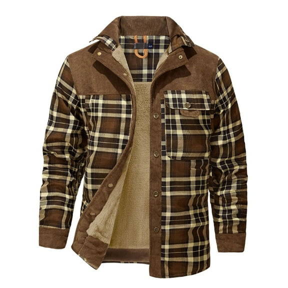 Jackets for Men Vintage Long Sleeve Plaid Flannel Button Down Shirt Jacket Outdoor Casual Relaxed Fit Plus Size Winter Coat