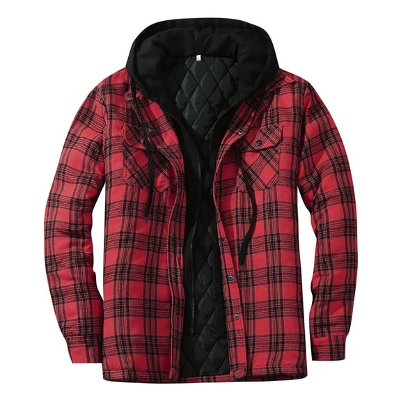 Jackets for Men Winter Fall Quilted Warm Plaid Casual Cotton Hooded Cardigan Button Down Thick Fashion Loose Men's Winter Coats Red M