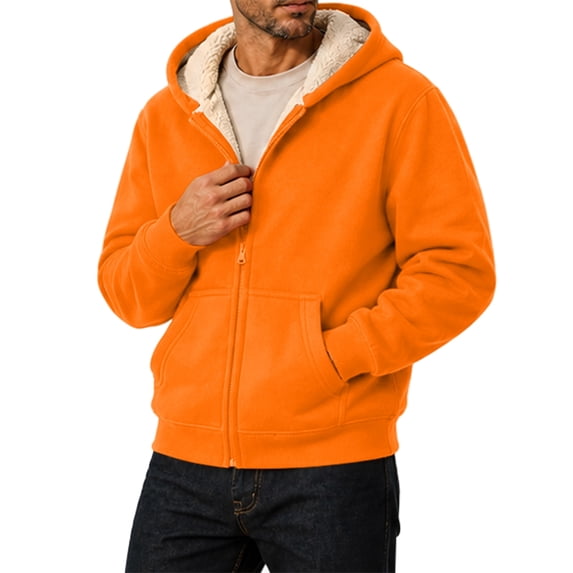 Jackets for Men Zip Up Long Sleeve Hooded Fall Jacket Thick Sherpa Fleece Lined Lightweight Outdoor Work Fashion Coats with Pockets Saffron 3XL