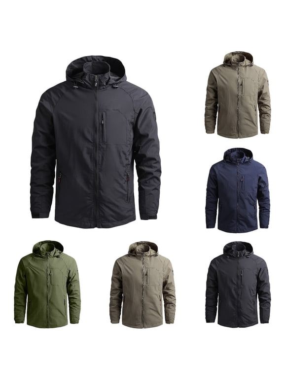 Jackets for Men Zip Up Waterproof Detachable Hooded Jacket Lightweight Long Sleeve Outdoor Coat Classic Fit Men's Jacket