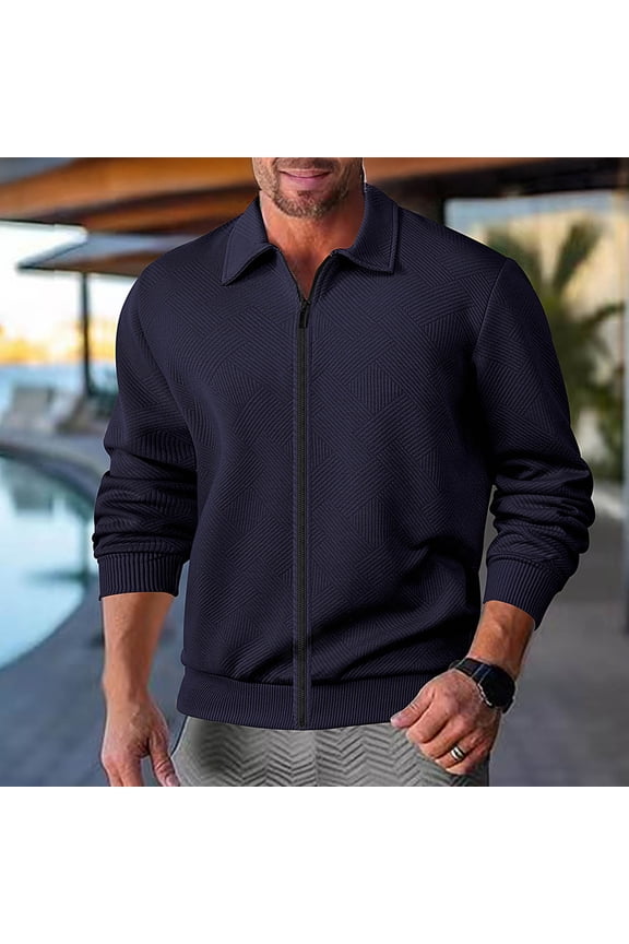 Jackets for Men with Pockets Long Sleeve Zipper Up Coats Mens Casual Solid Color Textured Collared Comfort Going Out Office Work Outerwear Jacket
