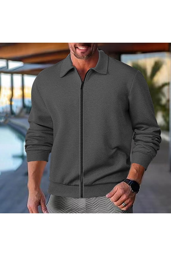 Jackets for Men with Pockets Long Sleeve Zipper Up Coats Mens Casual Solid Color Textured Collared Comfort Going Out Office Work Outerwear Jacket