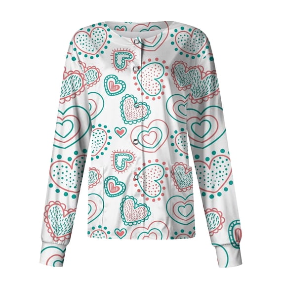 Jackets for Woman Cute Pattern Plus Size Long Sleeve Scrub Tops Sanp Front Stretch Nurse Jacket with Pockets
