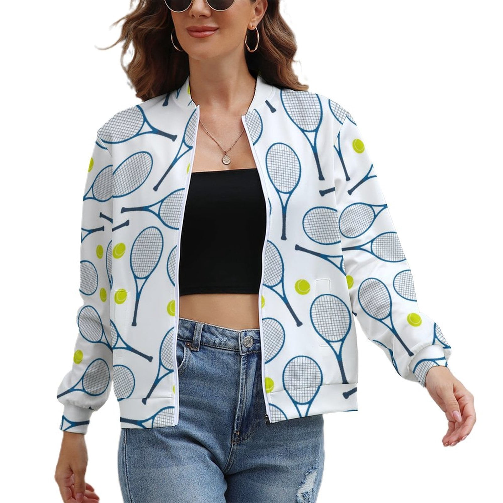 Bomber Racket Jackets for Wome Zip Up Long Sleeve, Tennis Rackets And Balls ...