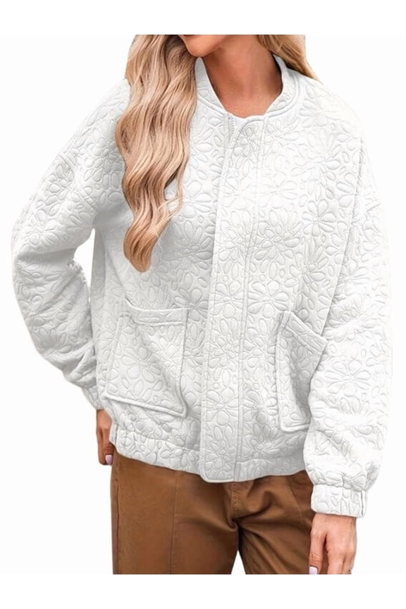Jackets for Women Autumn Fashion Cute Jacquard Coats Zip Up Jackets Dressy Casual White XXL