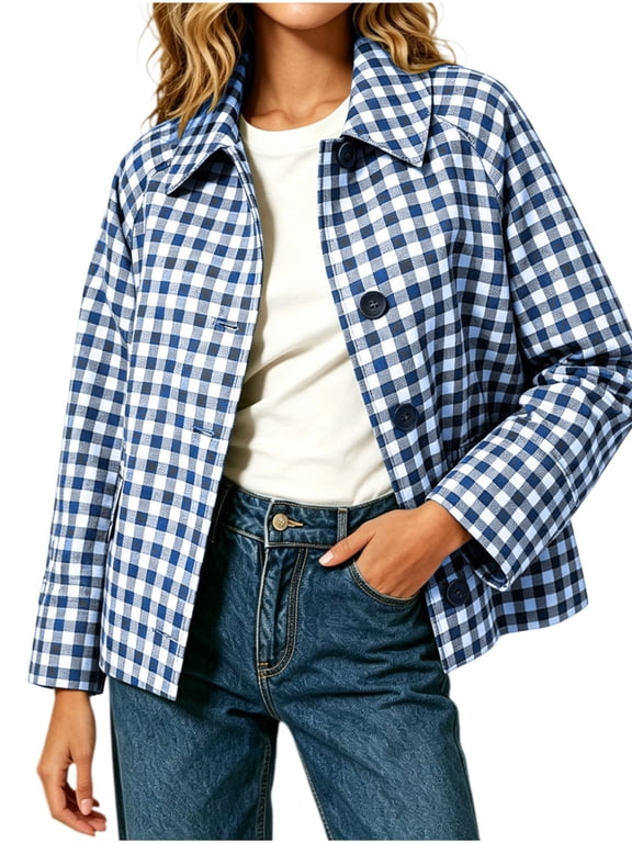Jackets for Women Baeitkot Women's Fashion Casual Loose Checkered Long Sleeve Short Side Pocket Turn-Down Collar Coat Top