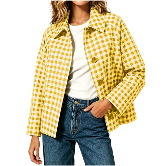 Jackets for Women Baeitkot Women's Fashion Casual Loose Checkered Long Sleeve Short Side Pocket Turn-Down Collar Coat Top