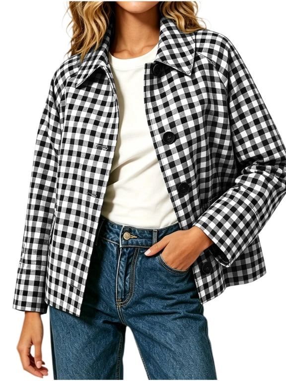 Jackets for Women Baeitkot Women's Fashion Casual Loose Checkered Long Sleeve Short Side Pocket Turn-Down Collar Coat Top