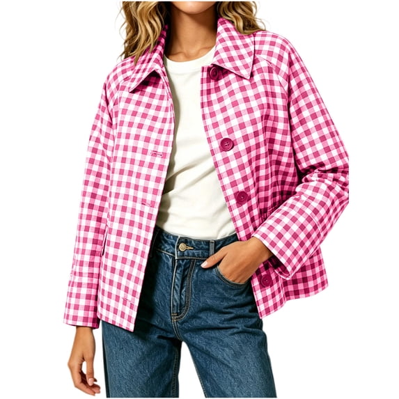 Jackets for Women Baeitkot Women's Fashion Casual Loose Checkered Long Sleeve Short Side Pocket Turn-Down Collar Coat Top