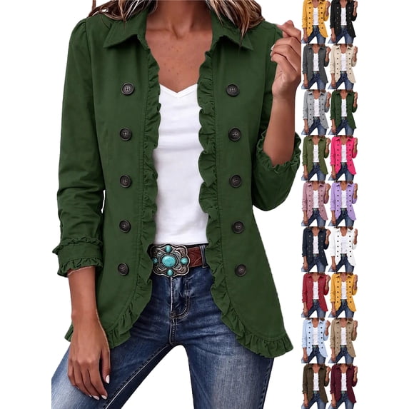 Jackets for Women Casual Long Sleeve Open Front Ruffle Trimmed Double Breasted Shirt Jacket, Perfect for Jeans & Skirts