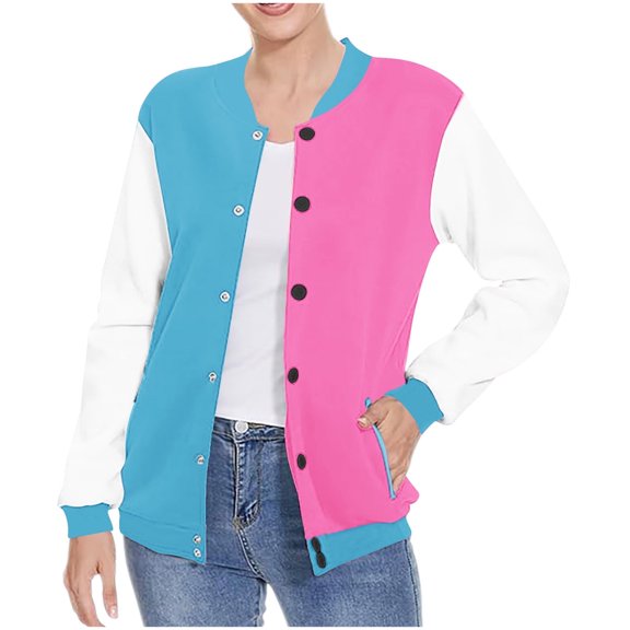 Jackets for Women Casual New Women's Colorblock Basketball Jacket Loose Casual Long Sleeve Button down Sport Coat Outerwear with Pockets Sky Blue S