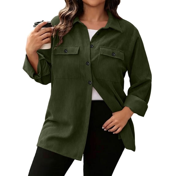 Jackets for Women Casual Oversized Corduroy Button Down Jacket Solid Color Long Sleeve Lapel Collar Outerwear with Pockets Casual Fall Clothing