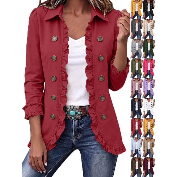 Jackets for Women Casual Ruffle Trim Double Breasted Long Sleeve Open Front Shirt Jacket Fall Fashion Jacket Outerwear