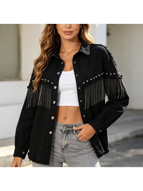 Jackets for Women Chain Tassel Rivet Detail Single Denim Jacket Coat Trendy Streetwear Casual Womens Jackets Black XXL